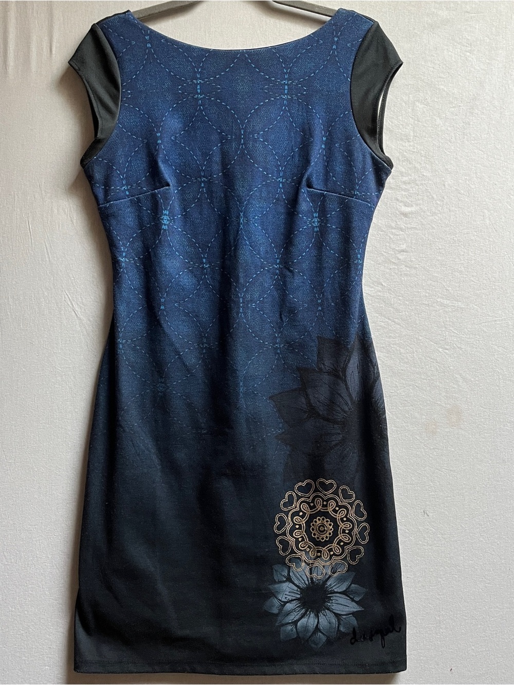 Desigual Navy Blue Black Floral Medallion Print Sheath Midi Dress Size M